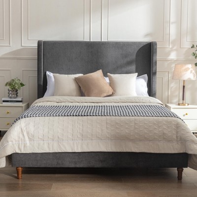 Queen Size Upholstered Platform Bed with Traditional Hand Buttoned Tufting and Nailhead Trim Wingback
