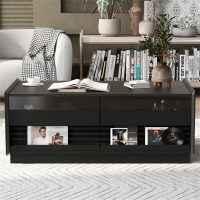 RISOKEYS 47.2" Rectangle Coffee Table - Wood Coffee Table with 4 Drawers and 2 Display Shelves, Fluted Style with Tempered Glass for Living Room