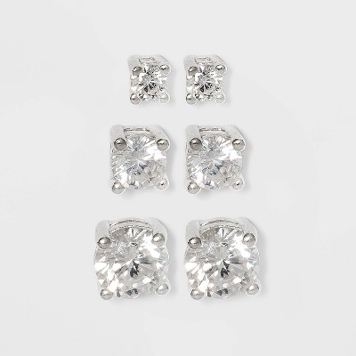 Women's Sterling Silver Stud Earrings Set with Round Cubic Zirconia 3pc - A New Day™ Silver: Polished Nickel-Free