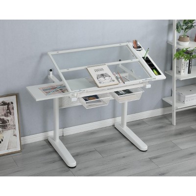 NicBex Multifunctional Standing Writing Desk Hand Crank Adjustable Drawing Desk with Tempered Glass Top and 2 Metal Drawers for Living Room