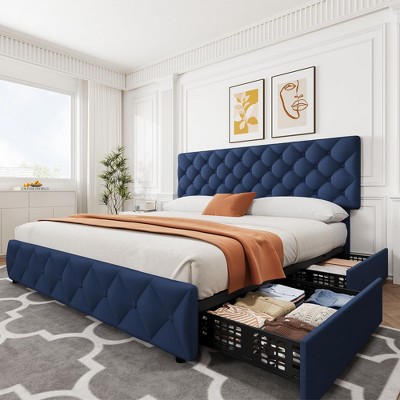 Garvee Full Size Bed Frame with 4 Storage Drawers and Headboard, Linen Upholstered Platform with Wooden Slats Support, No Box Spring Needed