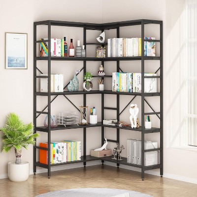 Jojoka 4 Tier L-Shaped Bookshelf, Industrial Corner Bookcase with 4 Open Shelves, 2 Curved Panels