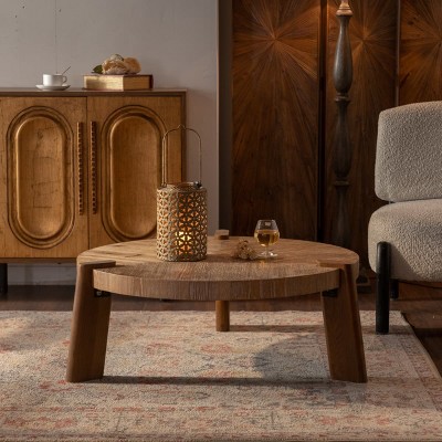 Rustic Natural Round Wood Coffee Table with Smooth Finish, Easy Assembly Accent Table for Living Room or Apartment-Maison Boucle