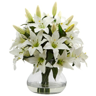 Nearly Natural 16-in Lily Artificial Arrangement with Glass Vase