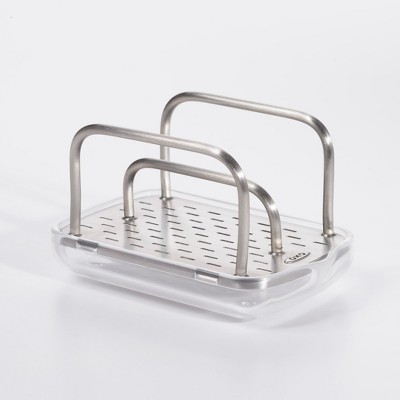 OXO Stainless Steel Sink Sponge Holder: Kitchen Caddy, Light Silver, Spot Clean, 4.25" Width, Lifetime Warranty