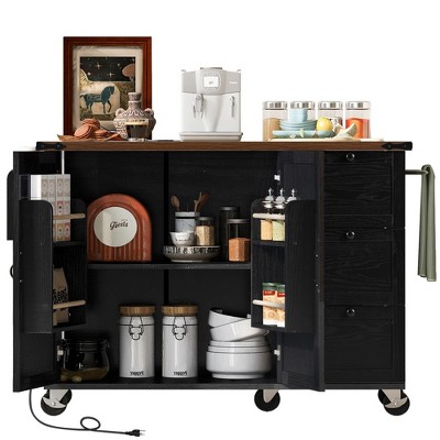 54.5" Farmhouse Kitchen Island with Power Outlet, Rolling Kitchen Cart on Wheels with Internal Storage Rack, Drop Leaf, Spice Rack