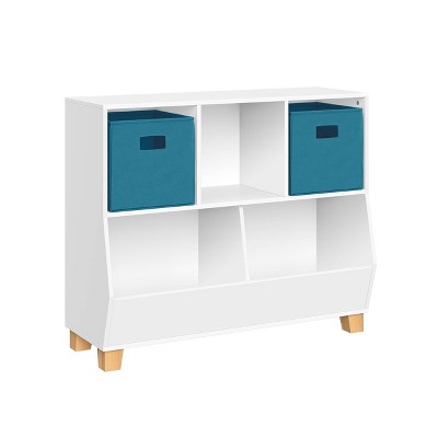 RiverRidge Kids' CatchAll Playroom 35" Toy Storage Organizer with 3 Cubbies and 2 Storage Compartments White with 2 Fabric Bins