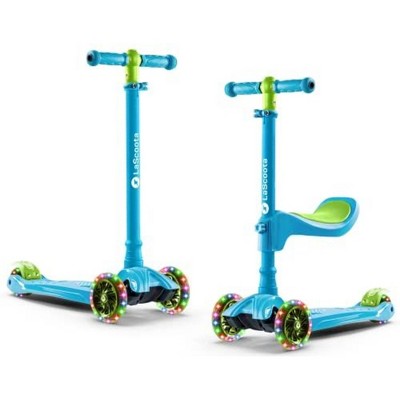 LaScoota 2-in-1 Kids Kick Scooter, Adjustable Height Handlebars and Removable Seat, 3 LED Lighted Wheels - Blue and Green