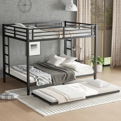 KWPZQEB Bunk Bed with Twin Size Trundle, Metal Bunk Bed with Ladder & Safety Guardrails, Easy Assembly, No Box Spring Needed, Black