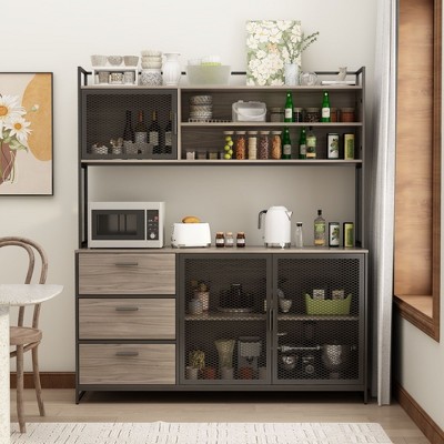 Famapy 59 in. W Kitchen Wood Buffet Sideboard Pantry Cabinet For Dining Room with Metal MDoors 3-Drawers Shelves