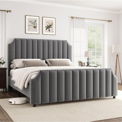 King Platform Bed Frame with 50.2" Headboard, Velvet Upholstered Bed Frame with Vertical Channel Tufted Headboard & Footboard, Nailhead Trim, Black