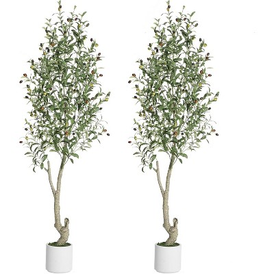 Tall Faux Olive Tree, Olive Trees Artificial Indoor with White Planter and Green Fake Moss for Home Office Living Room Bedroom Stairs Foyer Decor
