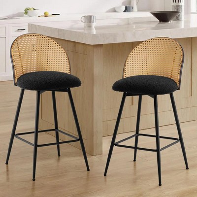 Bekrvio 29" Mid Century Modern Swivel Bar Stools Set of 2/3/4— w/Rattan Back, Boucle Upholstered & Metal Legs, Bar Chairs for Kitchen Counter