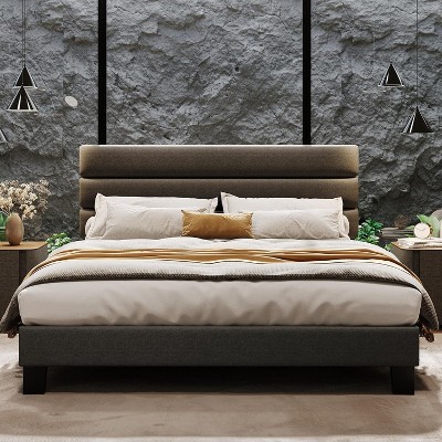 Full/ Queen/ King Bed Frame with Adjustable Headboard, Fabric Upholstered and Wooden Slats Support, Heavy Duty Mattress Foundation
