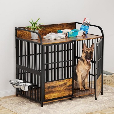ELJGET Dog Crate Furniture with 2 Adjustable Bowls, Wooden Kennel Table with Double Doors, Indoor Dog House, Rustic Brown