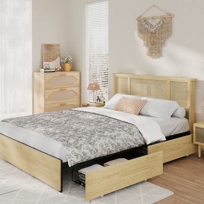 Bed Frame with Natural Rattan Headboard, Strong Wooden Slats, No Box Spring Required, Wood Platform Beds, Noise Free, No Box Spring Needed