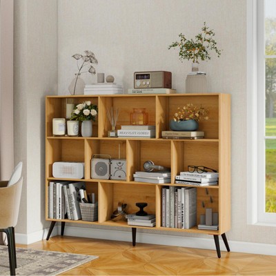 CuisinSmart Wooden 3-Tier Open Shelf Bookcase, 10 Grid Freestanding Book Shelf Storage Organizer with 5 Iron Legs for Home Office Living Room Bedroom