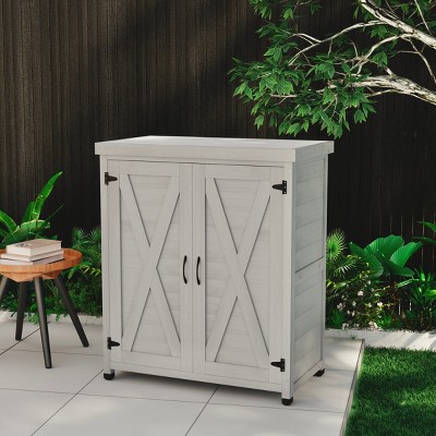 Coolbibila Potting Bench with Storage Cabinet and Metal Table Top, Storage Sheds with all Weather-resistant, storage sheds outdoor