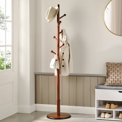 VASAGLE Solid Wood Coat Rack, Wood Hall Tree  with 7 Rounded Hooks Dark Walnut