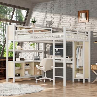Queen Size Loft Bed with L-shaped Desk, Storage Cubes and Shelves