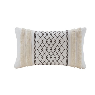 Bea Cotton with Tassels Oversize Lumbar Throw Pillow Ivory: Embroidered, Chenille Fringe, Zippered