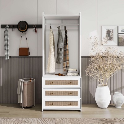 ORRD Tall Rattan Wardrobe Armoire with 3 Drawers, Freestanding Bedroom & Living Room Storage Organizer Cabinet