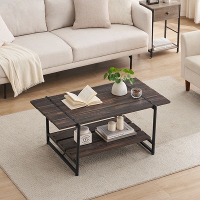 2-Tier Farmhouse 41'' Large Coffee Table with Storage Shelf -Modern Rustic Metal Rectangle Center Living Room Coffee Table Accent Furniture