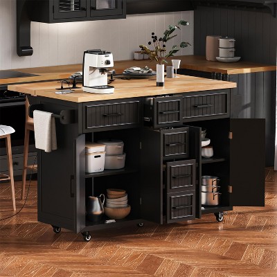 ELJGET Kitchen Island with Storage Rolling Kitchen Cart with Power Outlet Storage Cart with 4 Doors, 5 Deep Drawers & Adjustable Shelves