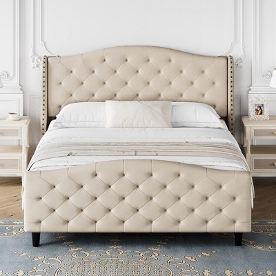 Upholstered Queen Size Bed Frame with Headboard and Footboard, Velvet Platform Bed for Bedroom, Beige