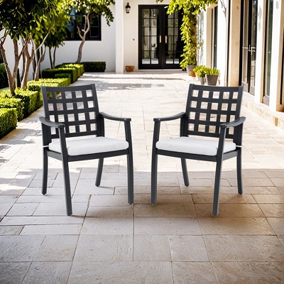 DOMETOUR Modern Classic Cast Aluminum Patio 2Pcs Dining Chairs, Ergonomic Lattice Backrest Design, Fabric Cushion, Weather-Resistant and Durable
