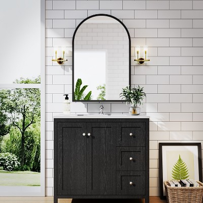 35.5" Black Bathroom Vanity with Basin and Aluminum Alloy Frame Wall Mirror Bathroom Storage Cabinet with Soft Closing Doors and 3 Drawers