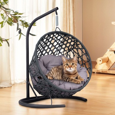 Sapphtopaz Egg-Shaped Cat Bed with Rattan Wicker Hanging Swinging Cat Bed with Soft Cushion & Detachable Hammock Bed for Small Cats & Dogs