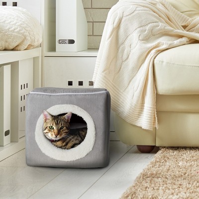 Pet Adobe Cat Pet Bed Cave With Removable Cushion - For Large Cats/Small Dogs, 13" x 12" x 11.25", Gray