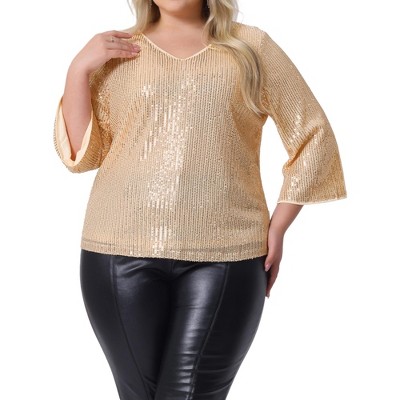 Agnes Orinda Women's Plus Size Sequin Glitter Sparkly V-Neck Long Sleeve Dressy Blouse