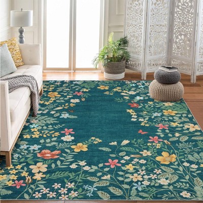 Washable Botanical Area Rugs Runner Rugs, Non-Slip Soft Vintage Low Pile Floral Rug Carpet for Living Room Bedroom Dining Room Kitchen Hallways