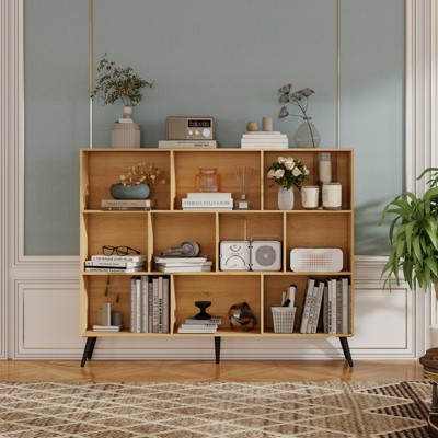 10 Cube Bookshelf, Wooden 3 Tier Bookcase with 5 Iron Legs, Freestanding Organizer Open Display Book Shelf