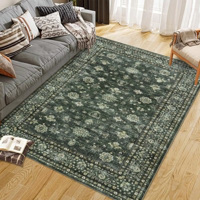 Area Rug Indoor Vintage Living Room Carpet Washable Distressed Rug Black Floral Bedroom Retro Accent Throw Rug Office Dining Room, Black