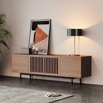 POVISON Mid-Century Modern TV Stand, Minimalist Wood Media Console with Slatted Cabinet, Tall-Cast Metal Legs, Walnut Veneer, 62.99"