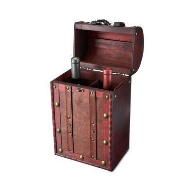 Twine Antique 2 Bottle Wooden Decorative Wine Box with Lid and Handle, Wood, Faux Leather, Brass Accents