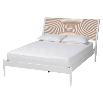 Baxton Studio Louetta Platform Bed with Carved Contrasting Headboard White/Natural Brown