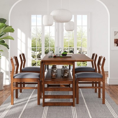 ModernLuxe 5 PCS Extendable Dining Table Set for 4, Dining Set Dinette Kitchen Table Set with Drop Leaves, Storage Shelf, 4 Upholstered Chairs