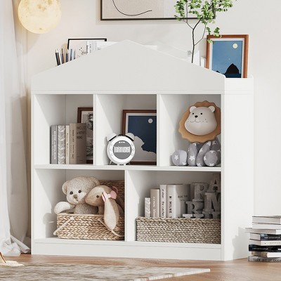 Toy Storage Organizer Kids Bookshelf White Bookcase  5 Cubby Toddlers Playhouse Cabinet Shelf for Boys Girls Wooden Cubby Storage Toy Shelf