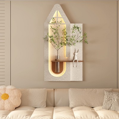 Adjustable 3-Color LED Sandstone Wall Decor with Simulated Green Plants - 3D Art Sculpture, Glass Vase & Rabbit Statue, Remote Control Light Strips