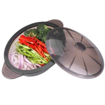 Itopfox Microwave Steamer Cooker Collapsible Bowl with Handle Lid for Vegetables Fish Meal Prep Food Silicone Steamer Cookware Dishwasher Safe, Black