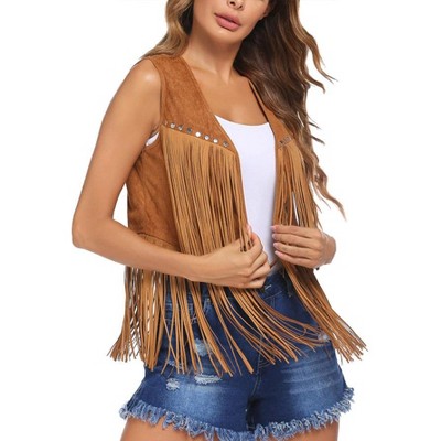 Women's Fringe Vest Cardigan Tassel Sleeveless Studded Waistcoat Jacket Party Halloween Outwear Tops