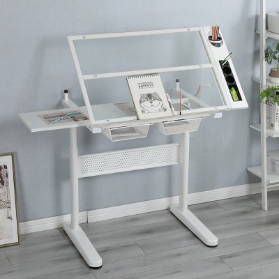 Standing Desk Modern with Adjustable Glass Top and Metal Drawers for Home Studio 38in Wide-3irtyhousy
