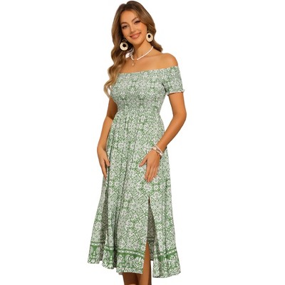 INSPIRE CHIC Women's Floral Off Shoulder Short Sleeve Smocked Side Slit Midi Dress