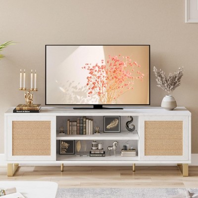 Rattan TV Stand for 65 Inch TVs – Modern Marble-Color Entertainment Center with Rattan Doors & Gold Legs, Media Cabinet, White & Gold