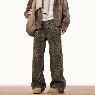 Clotth Mens Leopard Print Jeans - Y2k Vintage Leopard Aesthetic Baggy Denim Pants, Streetwear Loose Straight Wide-leg Trousers, Leopard