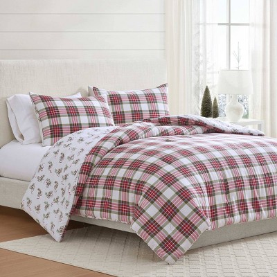Martha Stewart Yuletide Spruce Plaid/Holiday Ribbons Comforter Bedding Set Red